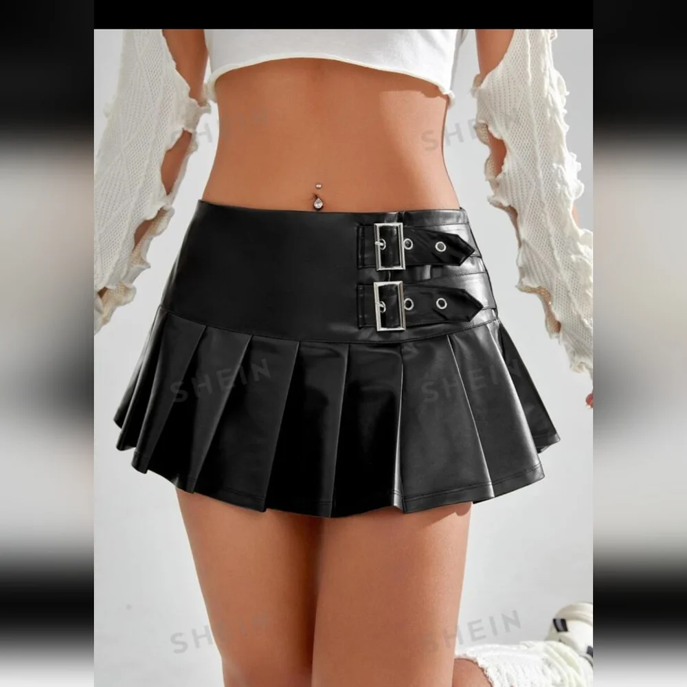 SHEIN ICON Buckle Detail Pleated Hem PU Leather Skort SIZE 6